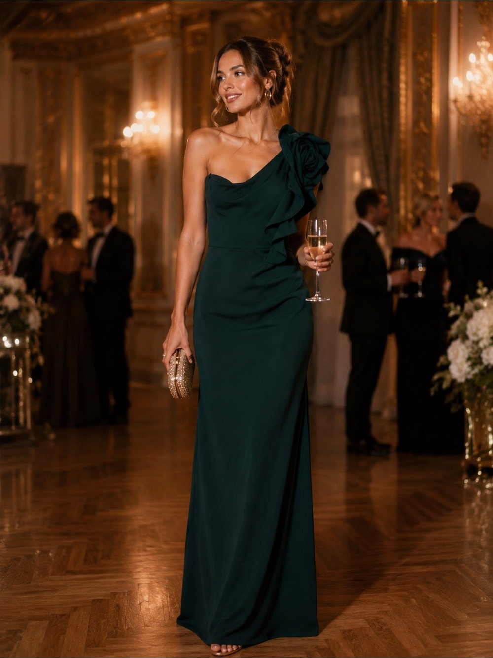 Windsor 🔥 One-Shoulder Dark Emerald Evening Gown with Floral Shoulder Detail